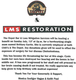 flyers about the fundraiser that lms restoration held to sponsor a girl with cholesteatoma.