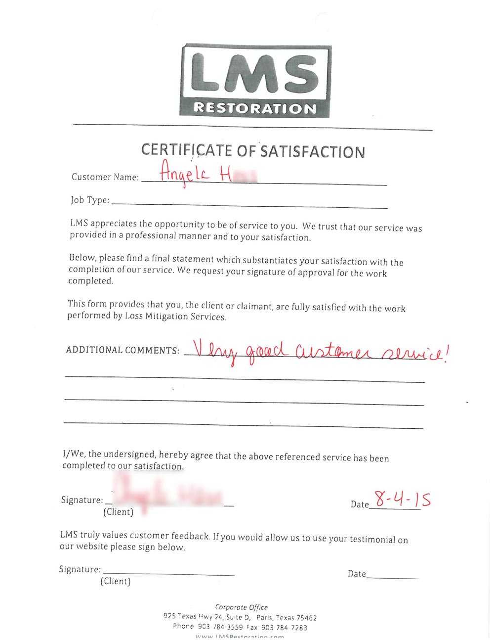 Carpet Cleaning Testimonial by Angela in Paris, TX