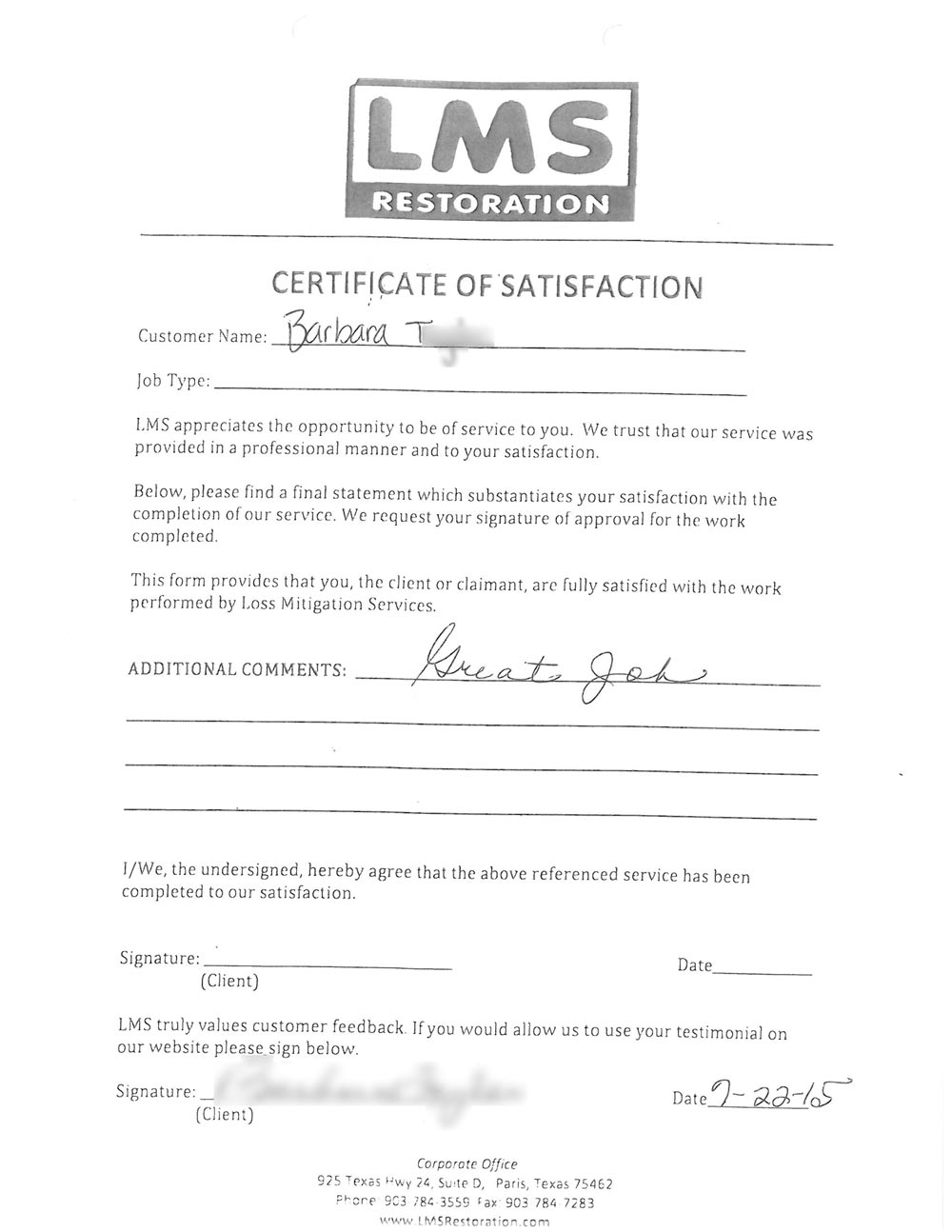 Carpet Cleaning Testimonial from Taisay Waltersin