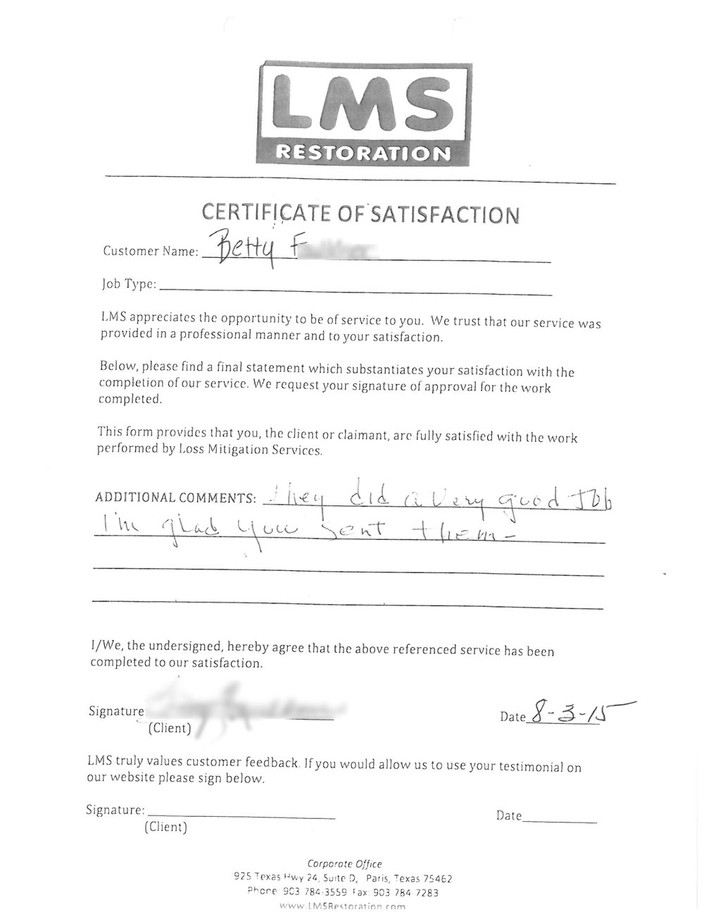 Air Duct Cleaning Testimonial from Betty in Powderly, TX
