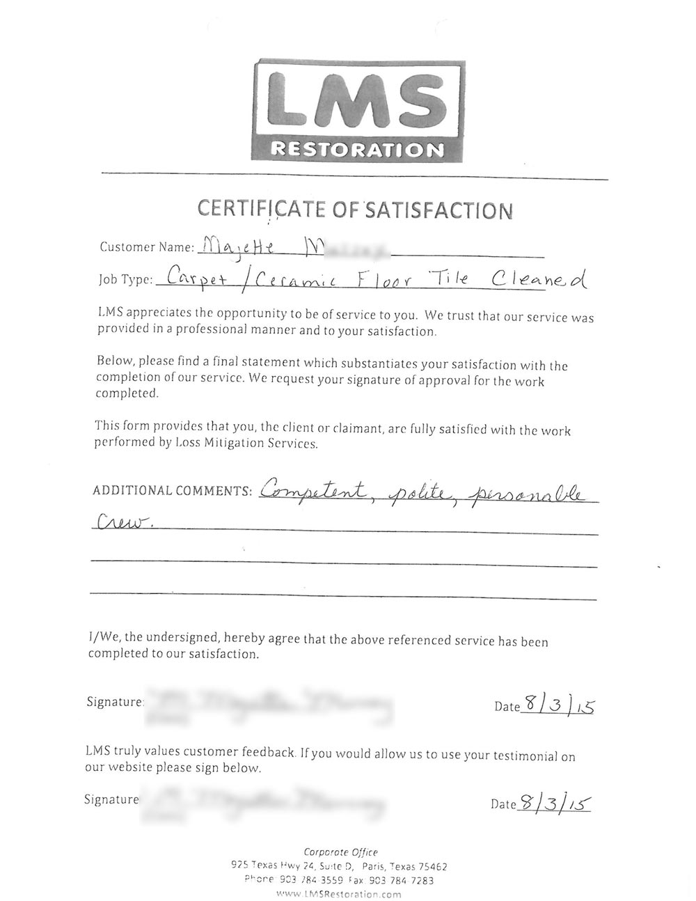 Carpet and Tile Cleaning Testimonial by Majette in Campbell, TX